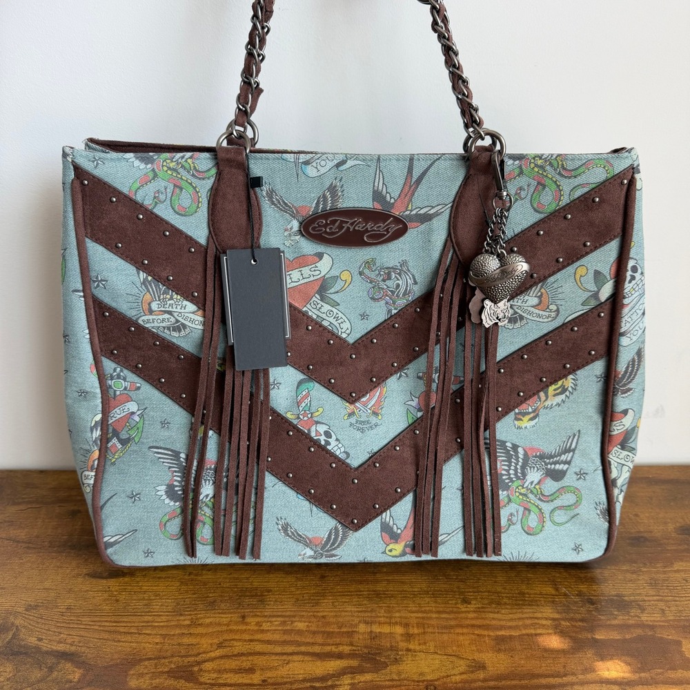 New Ed Hardy Denim Blue Brown Fringe Tote Shoulder Handbag Skull Y2K Charms